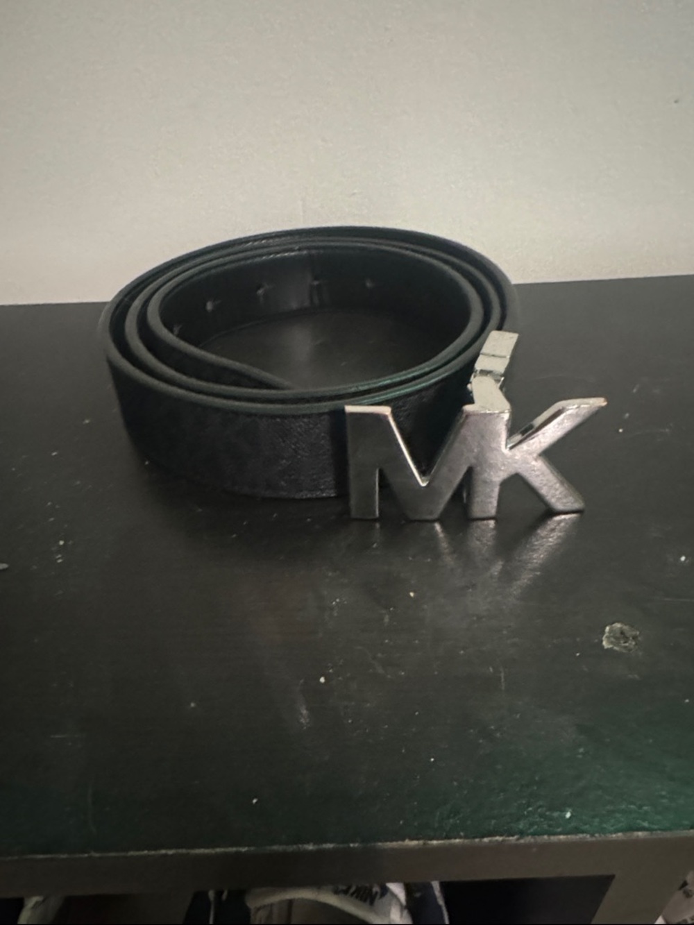Michael Kors Black Leather Belt with Silver MK Buckle